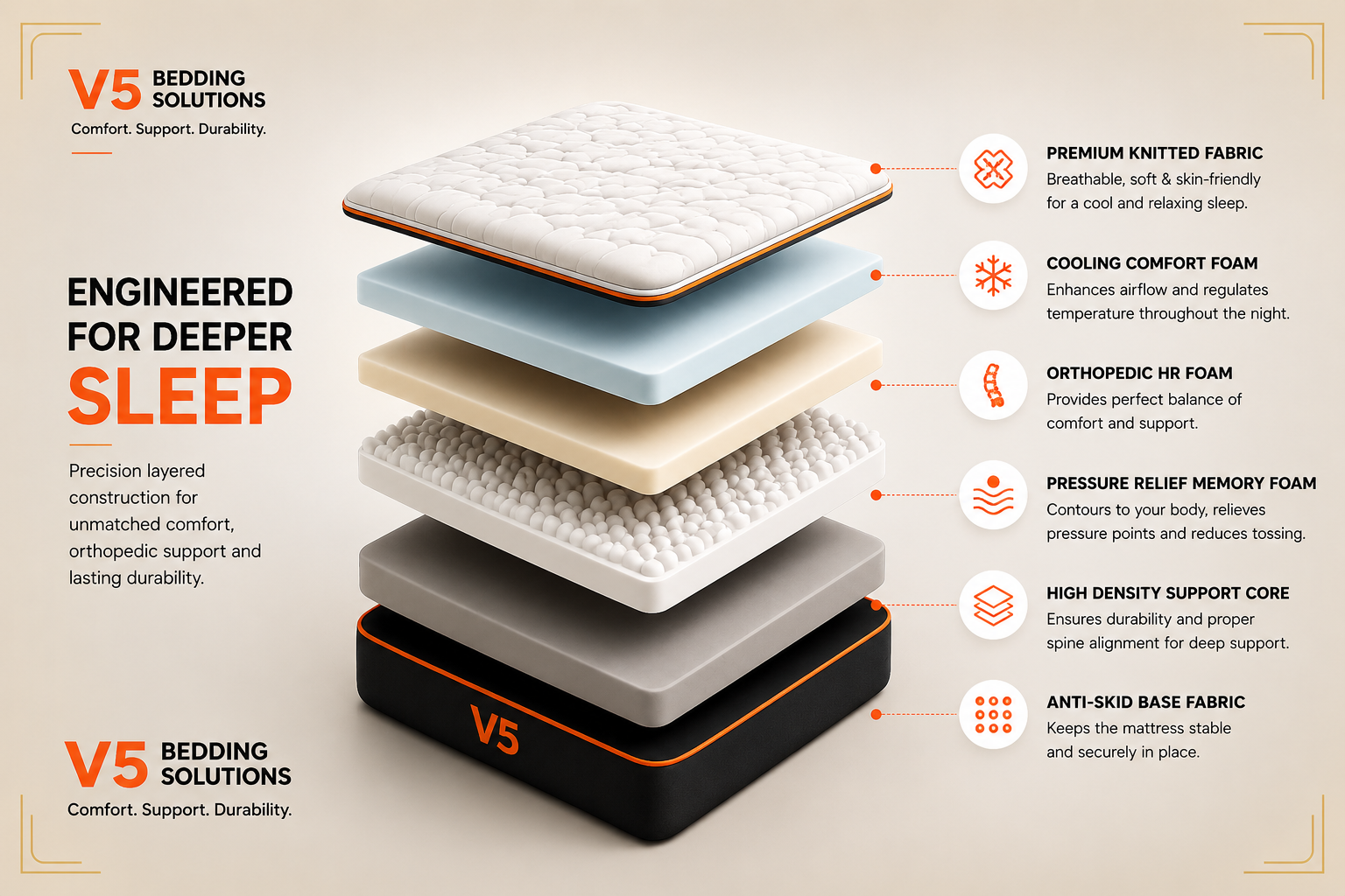 Exploded V5 orthopedic mattress layers showing knitted fabric, cooling comfort foam, orthopedic HR foam, pressure-relief foam and a high-density support core